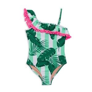 Shade Critters Girls Striped Botanical Print One Shoulder Swimsuit